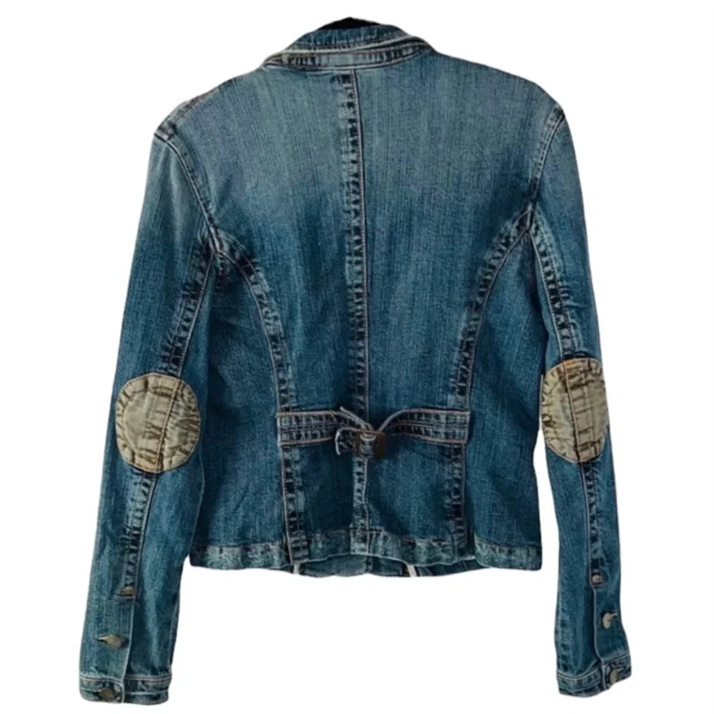 Vigoss Jeans Distressed Corduroy Patches Blue and Tan Utility‎ Denim Jean Jacket